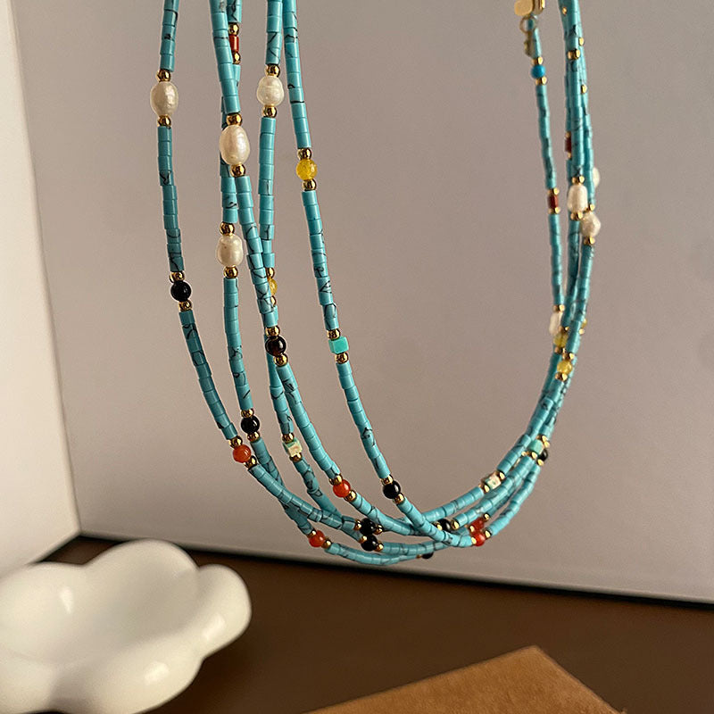 Layered Red Agate & Turquoise Beaded Necklace