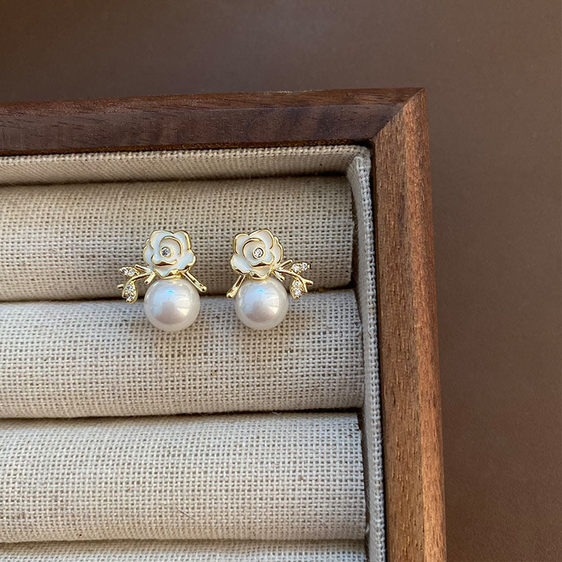 Pearl Rose Stud Earrings