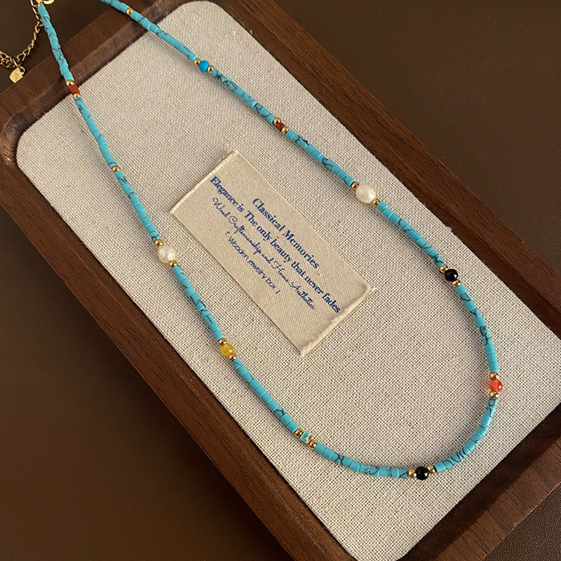 Layered Red Agate & Turquoise Beaded Necklace