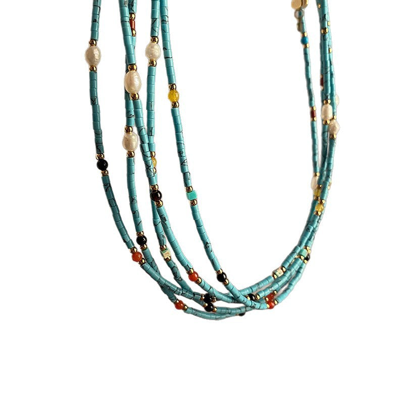 Layered Red Agate & Turquoise Beaded Necklace
