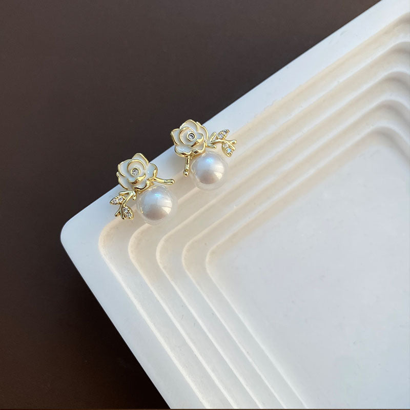 Pearl Rose Stud Earrings