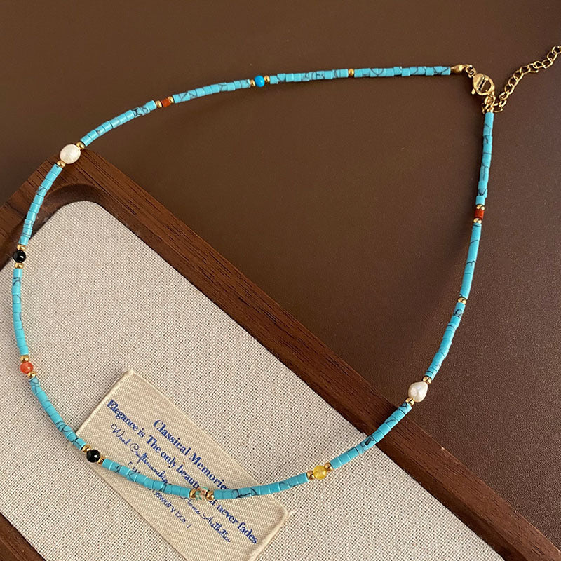 Layered Red Agate & Turquoise Beaded Necklace